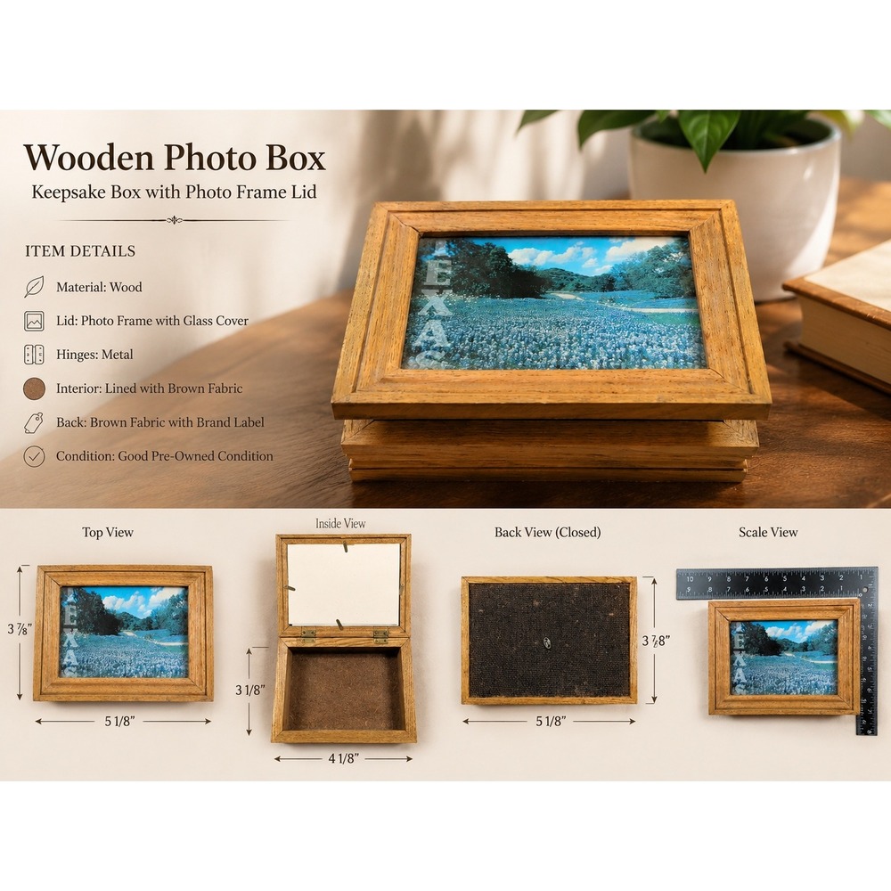Vintage Wooden Photo Frame Keepsake Box Texas Bluebonnet Lid Small Jewelry Chest